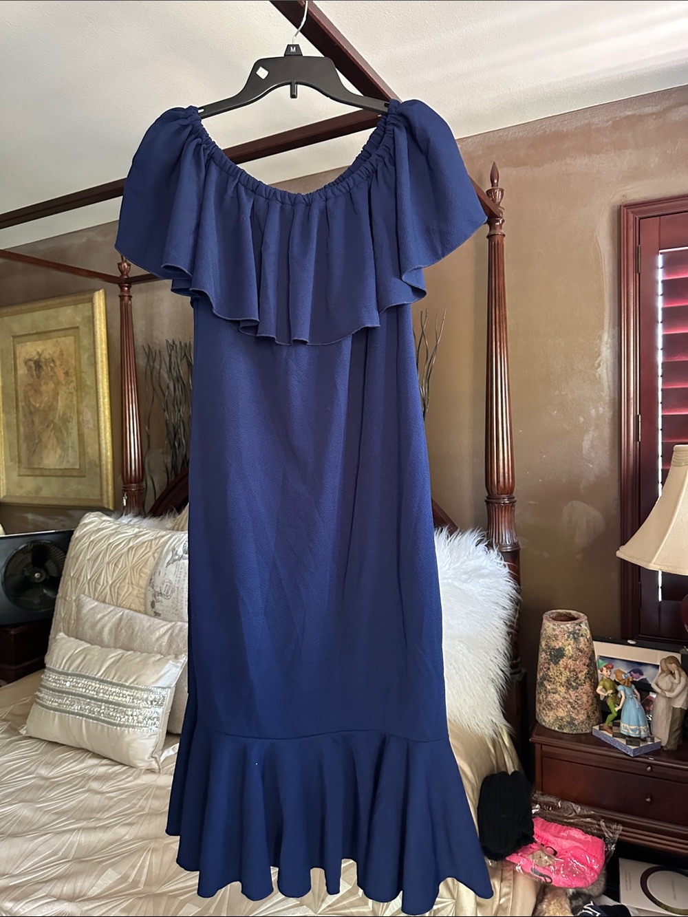 LuLaRoe Strapless Ruffle Midi Dress in Navy Blue